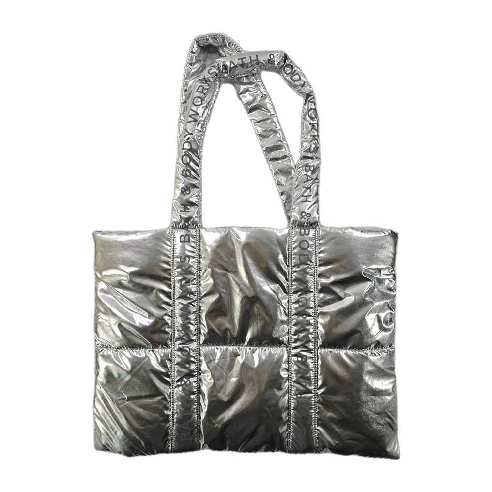 Bath‎ & Body Works Large Metalic Quilted Silver Puffer Tote Bag Beach Vacation